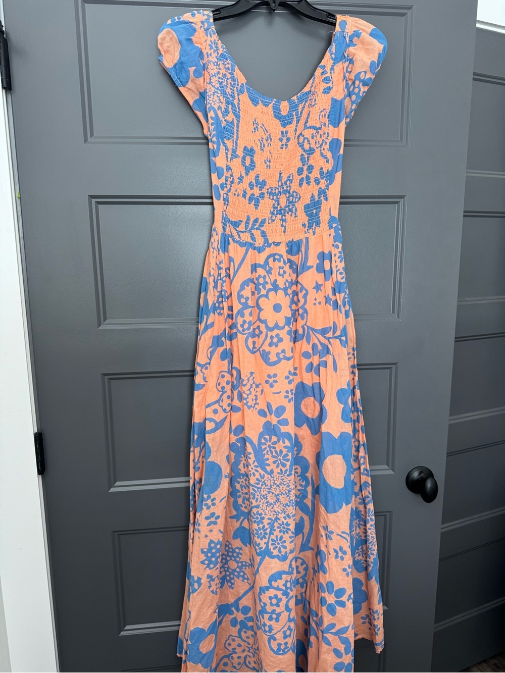 Free People Peach and Blue Floral Smocked Maxi Dress